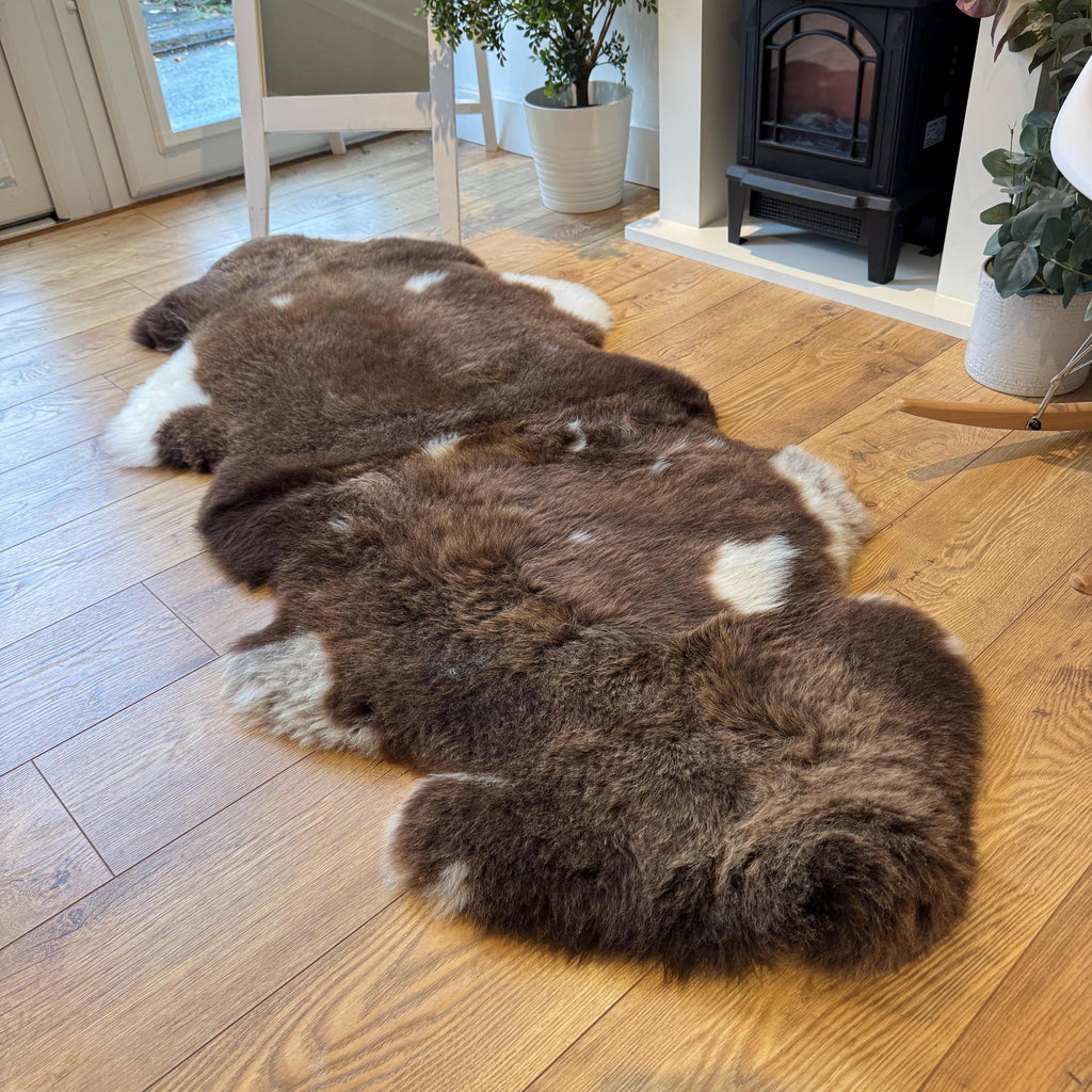 100% British Jacob Undyed Rare Breed Sheepskin Double Rug - Handmade in Somerset