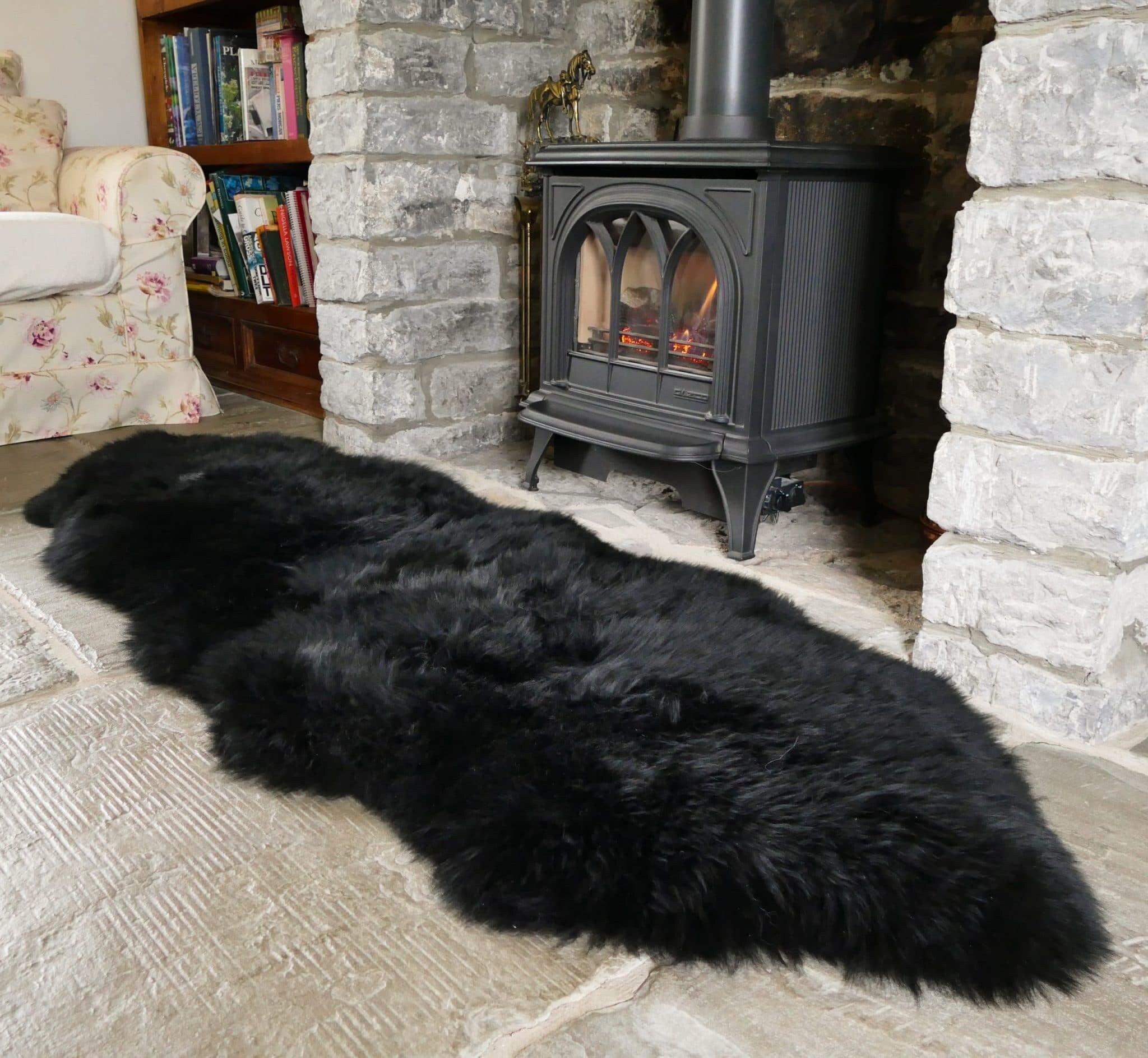 Sheepland Genuine Black Long Fur Double Sheepskin Rug