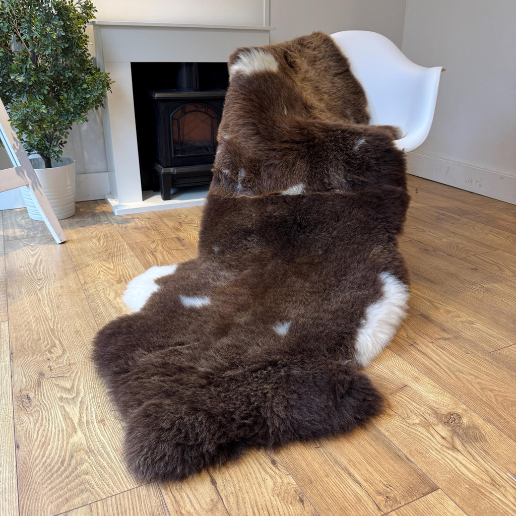 100% British Jacob Undyed Rare Breed Sheepskin Double Rug - Handmade in Somerset