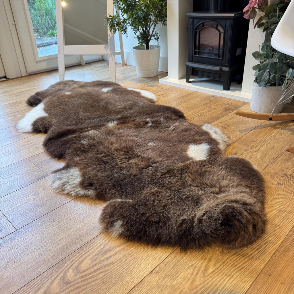 100% British Jacob Undyed Rare Breed Sheepskin Double Rug - Handmade in Somerset