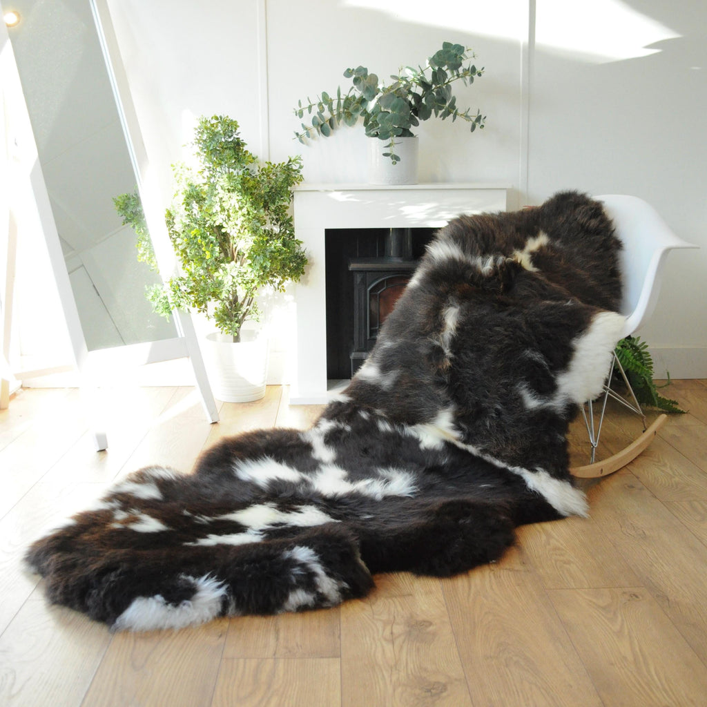 100% British Jacob Undyed Rare Breed Supersize Sheepskin Double Rug - Handmade in Somerset
