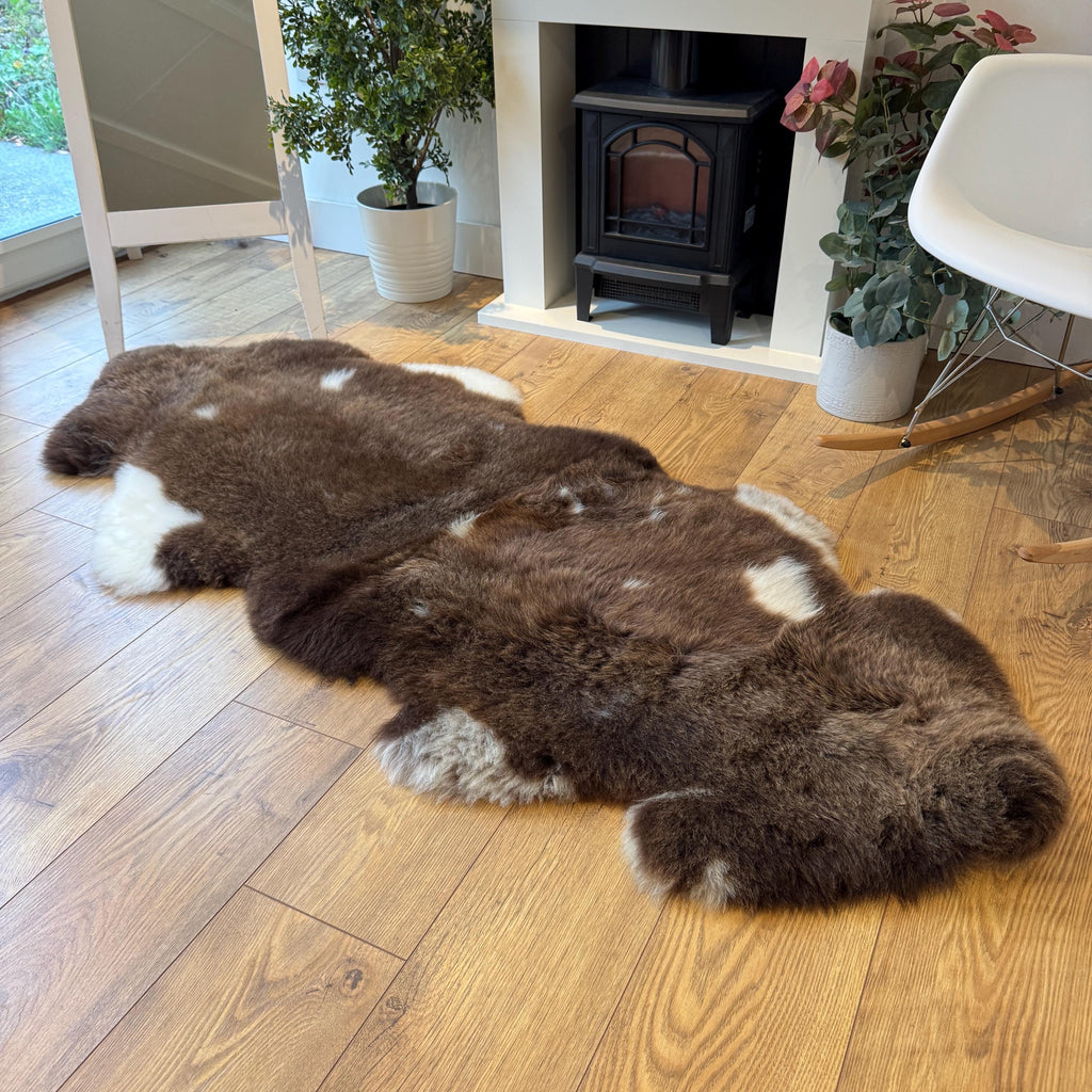 100% British Jacob Undyed Rare Breed Sheepskin Double Rug - Handmade in Somerset