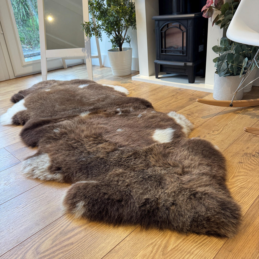 100% British Jacob Undyed Rare Breed Sheepskin Double Rug - Handmade in Somerset