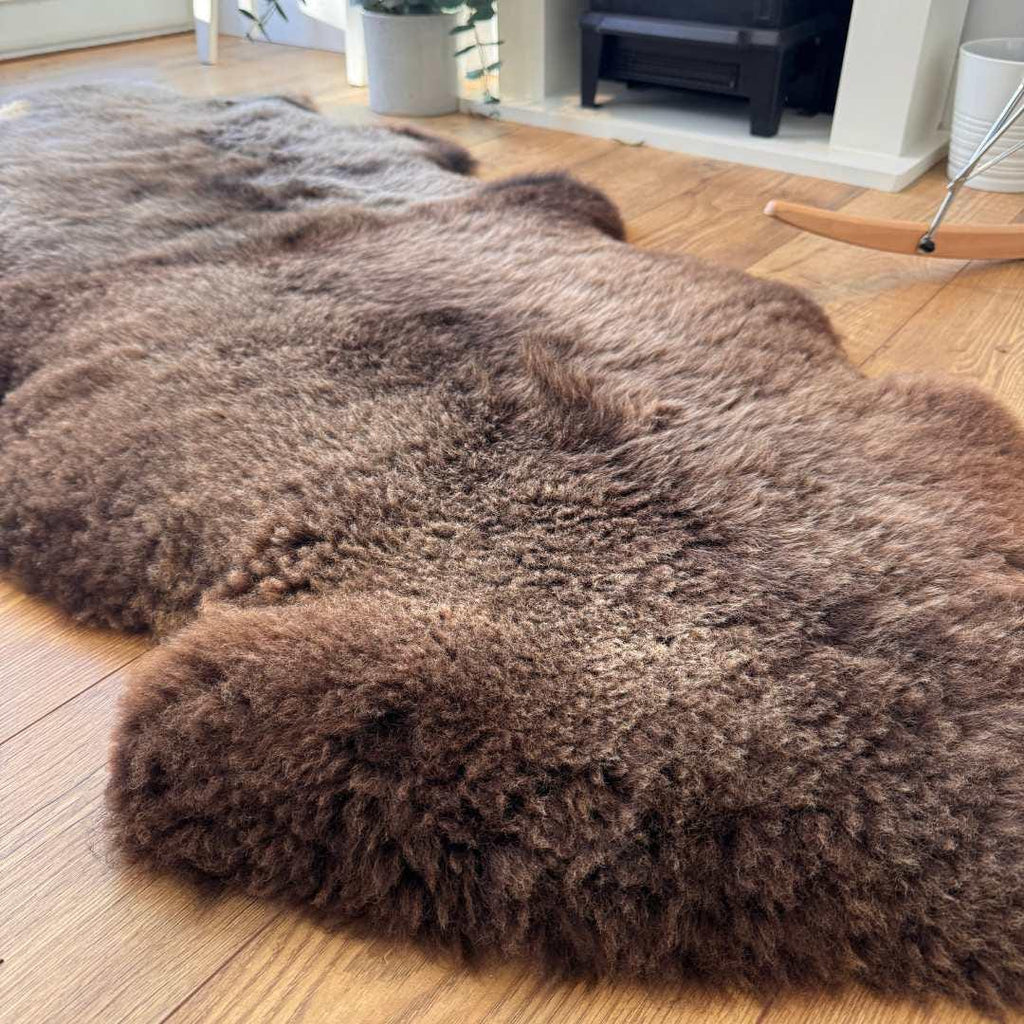 100% British Rare Breed Double Sheepskin Rug in Undyed "Cocoa Bracken" – Handmade in Somerset