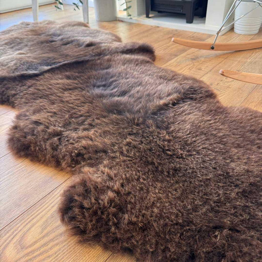 100% British Rare Breed Double Sheepskin Rug in Undyed "Woodland Mocha" – Handmade in Somerset